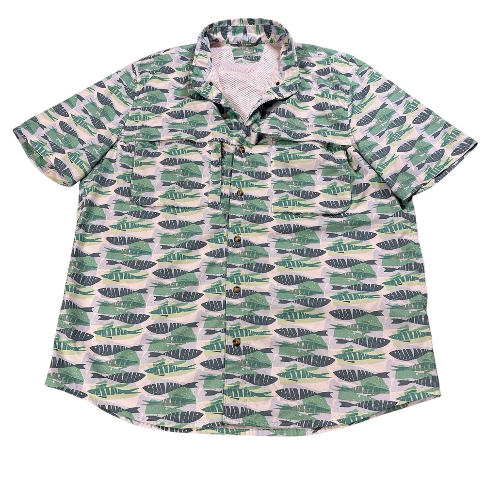 LL Bean Tropicwear Shirt Mens Extra Large Green White Vented Fishing Fish UPF 50